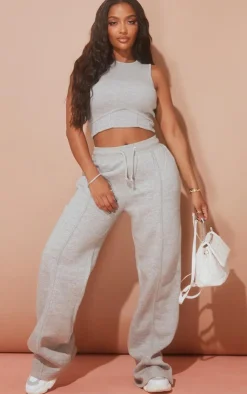 New PrettyLittleThing Shape Binded High Waist Wide Leg Sweatpants Grey Marl