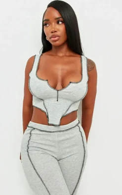 Clearance PrettyLittleThing Shape Contrast Stitch Ribbed Crop Top Grey Marl