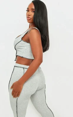 Clearance PrettyLittleThing Shape Contrast Stitch Ribbed Crop Top Grey Marl