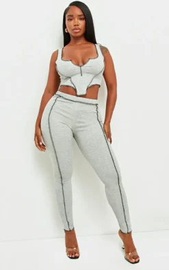 Clearance PrettyLittleThing Shape Contrast Stitch Ribbed Crop Top Grey Marl