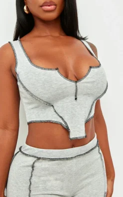 Clearance PrettyLittleThing Shape Contrast Stitch Ribbed Crop Top Grey Marl