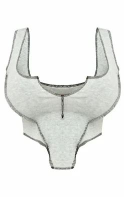 Clearance PrettyLittleThing Shape Contrast Stitch Ribbed Crop Top Grey Marl