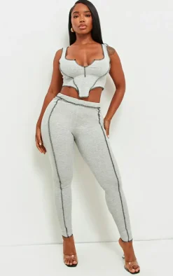 Sale PrettyLittleThing Shape Contrast Stitch Ribbed Crop Leggings Grey Marl
