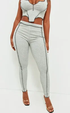 Sale PrettyLittleThing Shape Contrast Stitch Ribbed Crop Leggings Grey Marl