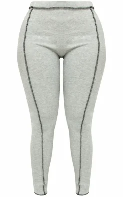 Sale PrettyLittleThing Shape Contrast Stitch Ribbed Crop Leggings Grey Marl