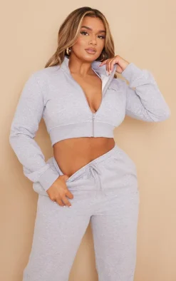 PrettyLittleThing Shape Cropped Embroidered Zip Sweat Grey Marl