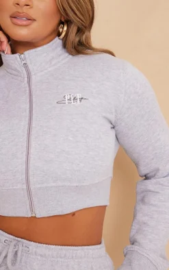 PrettyLittleThing Shape Cropped Embroidered Zip Sweat Grey Marl