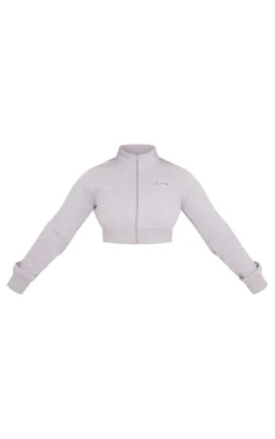 PrettyLittleThing Shape Cropped Embroidered Zip Sweat Grey Marl