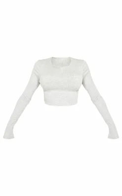Discount PrettyLittleThing Shape Grey Marl Soft Ribbed Long Sleeve Crop Top White