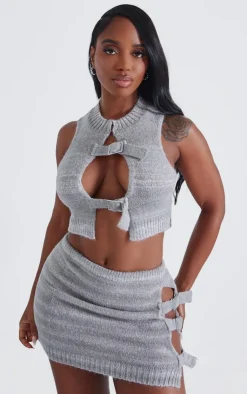 Online PrettyLittleThing Shape Stripe Knit Double Buckle Crop Top Grey Marl