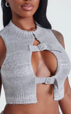Online PrettyLittleThing Shape Stripe Knit Double Buckle Crop Top Grey Marl