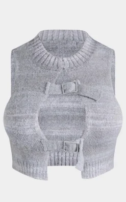 Online PrettyLittleThing Shape Stripe Knit Double Buckle Crop Top Grey Marl