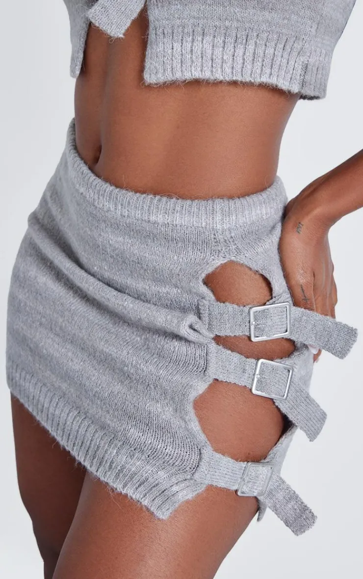 Discount PrettyLittleThing Shape Stripe Knit Double Buckle Mini Skirt Grey Marl