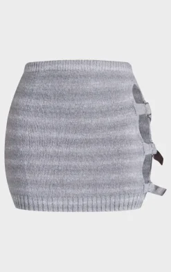 Discount PrettyLittleThing Shape Stripe Knit Double Buckle Mini Skirt Grey Marl