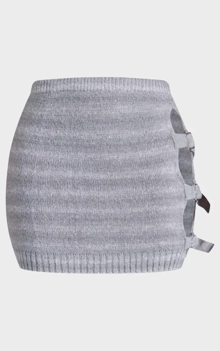 Discount PrettyLittleThing Shape Stripe Knit Double Buckle Mini Skirt Grey Marl