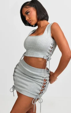 New PrettyLittleThing Shape Sweat Lace Up Side Mini Skirt Grey Marl
