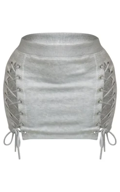 New PrettyLittleThing Shape Sweat Lace Up Side Mini Skirt Grey Marl