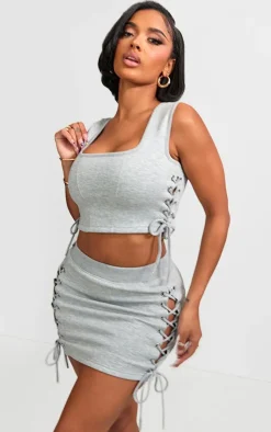 Online PrettyLittleThing Shape Sweat Lace Up Racer Scoop Neck Top Grey Marl