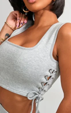 Online PrettyLittleThing Shape Sweat Lace Up Racer Scoop Neck Top Grey Marl