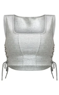 Online PrettyLittleThing Shape Sweat Lace Up Racer Scoop Neck Top Grey Marl