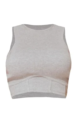 Discount PrettyLittleThing Shape Thick Ribbed Under Bust Binded Crop Top Grey Marl
