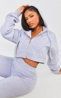 Discount PrettyLittleThing Shape Zip Front Long Sleeve Cropped Hoodie Grey Marl