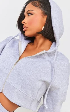 Discount PrettyLittleThing Shape Zip Front Long Sleeve Cropped Hoodie Grey Marl