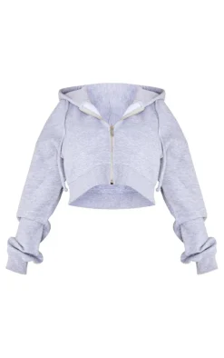 Discount PrettyLittleThing Shape Zip Front Long Sleeve Cropped Hoodie Grey Marl