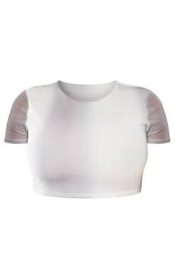 Online PrettyLittleThing Shape Mesh Cropped T-Shirt Grey