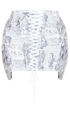 PrettyLittleThing Shape Renaissance Printed Lace Up Mini Skirt Grey