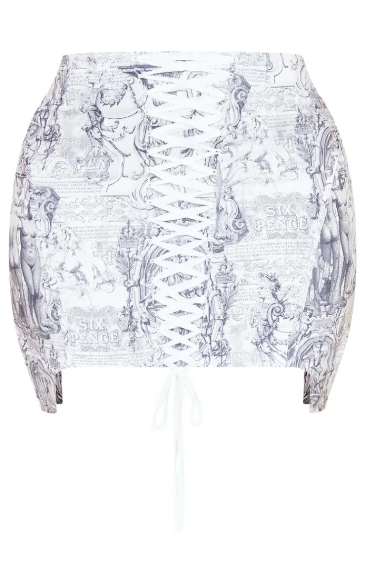PrettyLittleThing Shape Renaissance Printed Lace Up Mini Skirt Grey