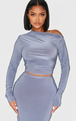 Outlet PrettyLittleThing Shape Ruched Off Shoulder Long Sleeve Top Grey
