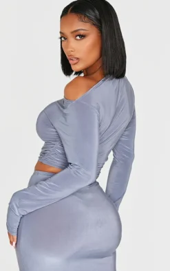 Outlet PrettyLittleThing Shape Ruched Off Shoulder Long Sleeve Top Grey