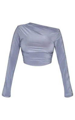 Outlet PrettyLittleThing Shape Ruched Off Shoulder Long Sleeve Top Grey