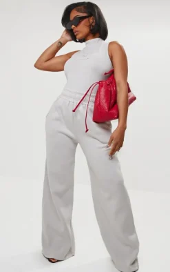Discount PrettyLittleThing Shape Sweat High Waist Wide Leg Sweatpants Grey