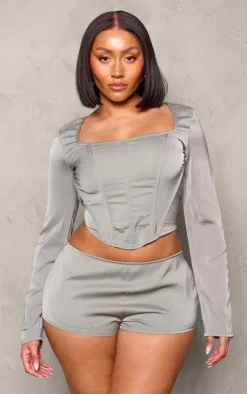 Best PrettyLittleThing Shape Woven Boning Detail Long Sleeve Corset Grey