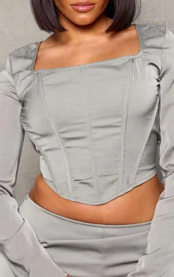 Best PrettyLittleThing Shape Woven Boning Detail Long Sleeve Corset Grey