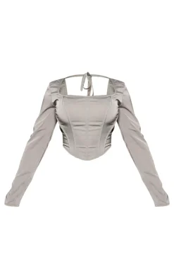 Best PrettyLittleThing Shape Woven Boning Detail Long Sleeve Corset Grey