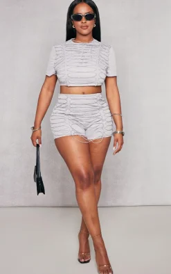 Hot PrettyLittleThing Shape Woven Lace Up Detail Cropped T Shirt Grey