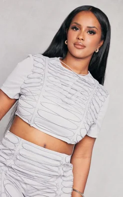 Hot PrettyLittleThing Shape Woven Lace Up Detail Cropped T Shirt Grey