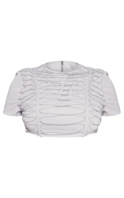 Hot PrettyLittleThing Shape Woven Lace Up Detail Cropped T Shirt Grey