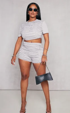 Hot PrettyLittleThing Shape Woven Lace Up Detail Shorts Grey