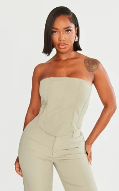 PrettyLittleThing Shape Woven Lace Up Back Corset Grey