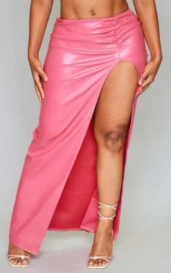 Best PrettyLittleThing Shape Faux Leather Ruched High Leg Skirt Hot Pink