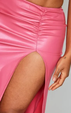 Best PrettyLittleThing Shape Faux Leather Ruched High Leg Skirt Hot Pink