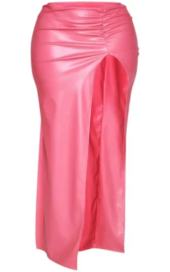 Best PrettyLittleThing Shape Faux Leather Ruched High Leg Skirt Hot Pink