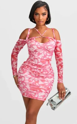 Shape Floral Print Mesh Ring Halterneck Ruched Bodycon Dress-PrettyLittleThing