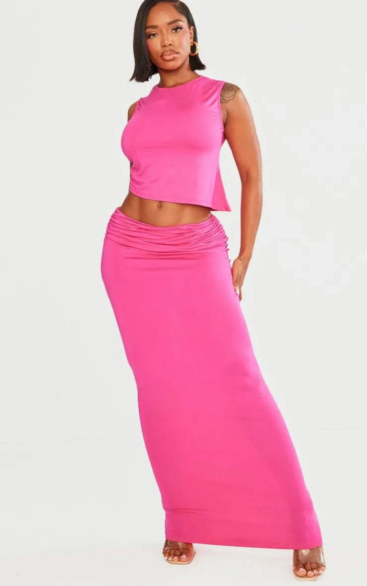 Sale PrettyLittleThing Shape Jersey Ruched Waist Maxi Skirt Hot Pink