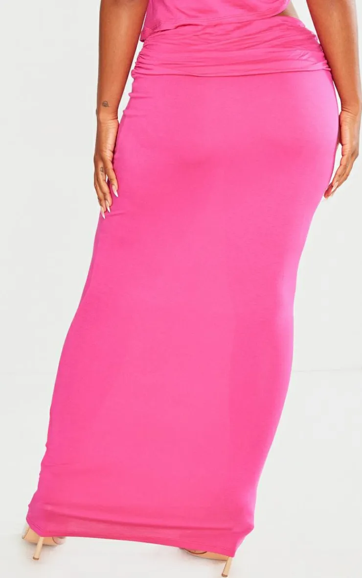 Sale PrettyLittleThing Shape Jersey Ruched Waist Maxi Skirt Hot Pink