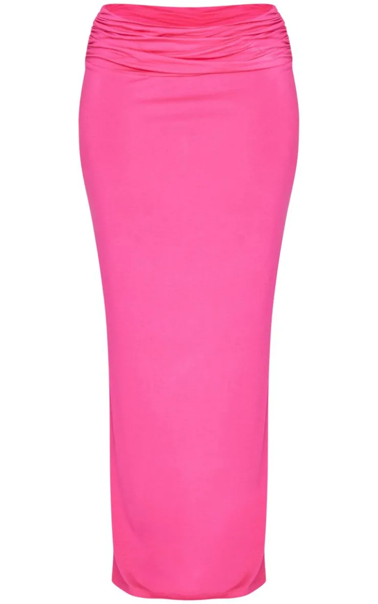 Sale PrettyLittleThing Shape Jersey Ruched Waist Maxi Skirt Hot Pink